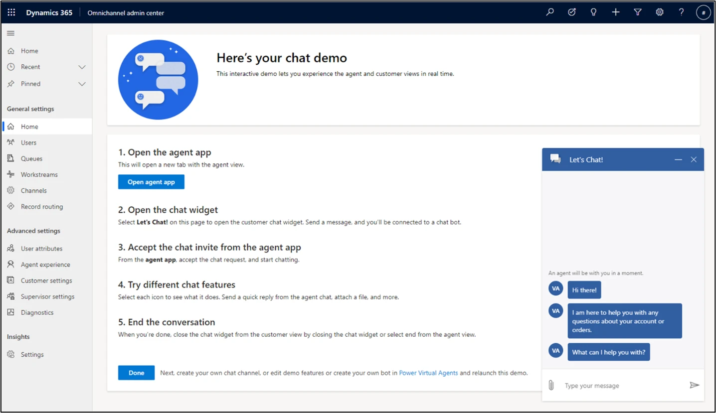 Figure 5.  Power Virtual Agents bot created as part of Omnichannel first run experience