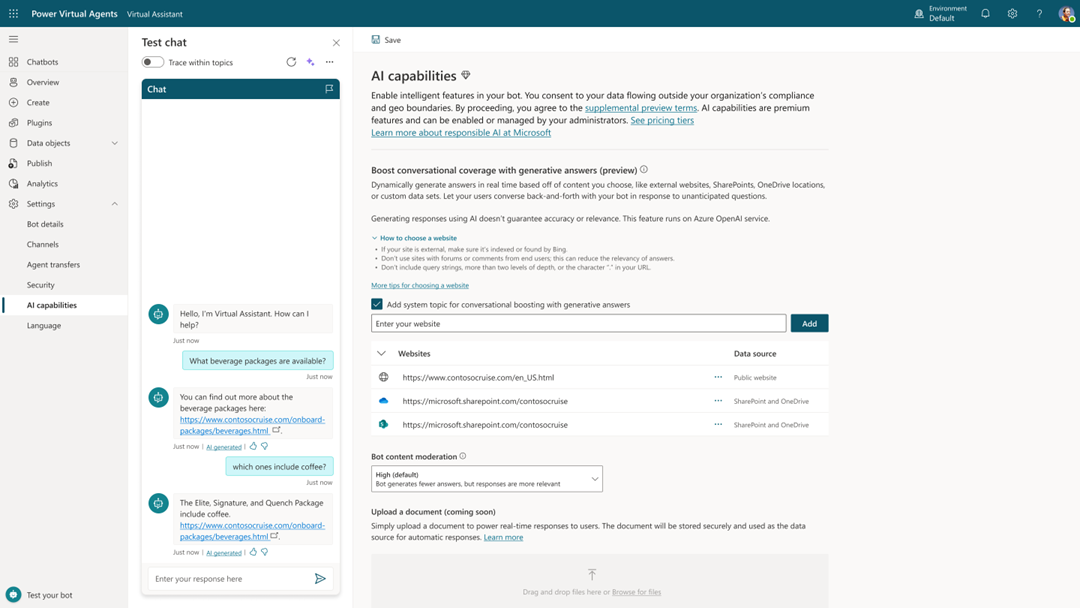 Screenshot of the generative answers configuration and settings page with multiple sources.