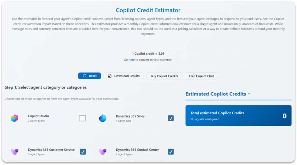 Copilot Credit Estimator interface.