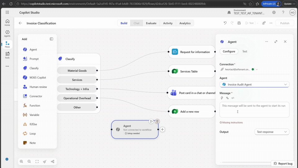 Invoice classification example in Copilot Studio.