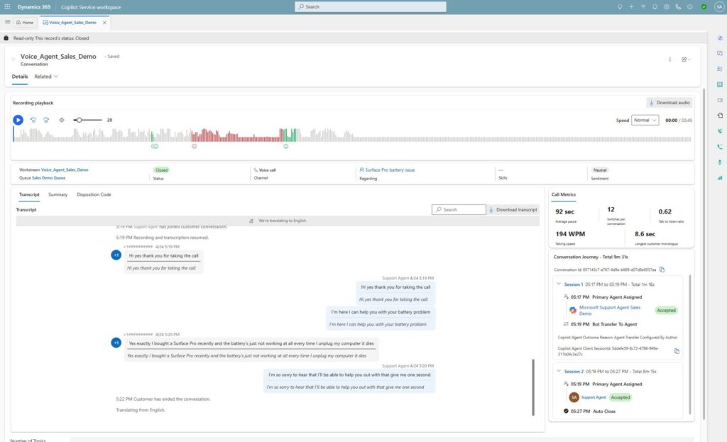 Real-time voice agent in Dynamics 365 Contact Center.