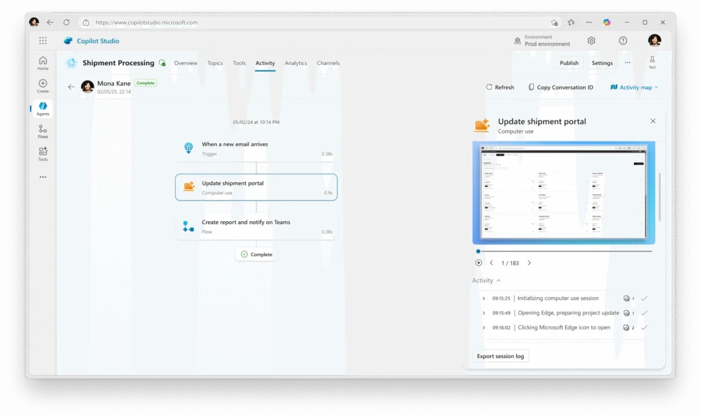 Step-by-step time-stamped monitoring of a computer-using agent&rsquo;s workflow. Timestamps show the session initializing, preparing a project update, and clicking the Microsoft Edge icon to open. 