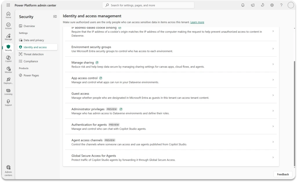 Power Platform admin center identity and access management page.