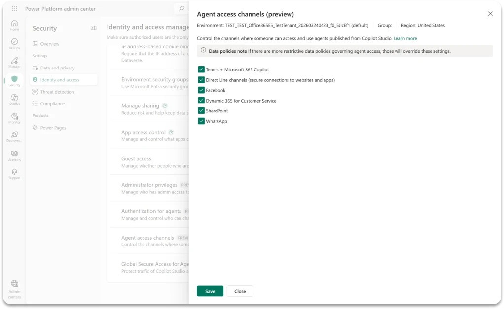Agent access channels page in the Power Platform admin center, showing options to configure authentication by channel.