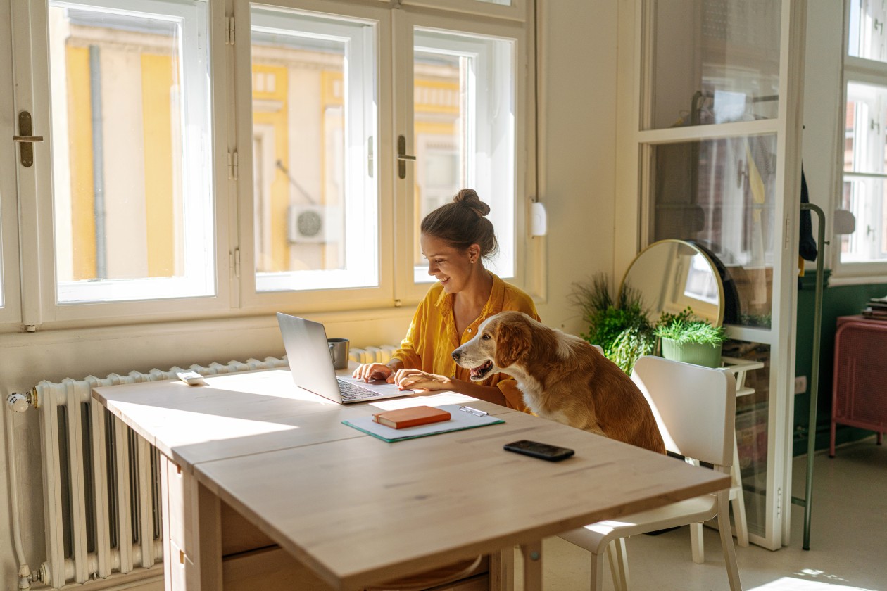 Woman working from her home office. She is using a laptop and her pet dog is sitting a chair next to her
