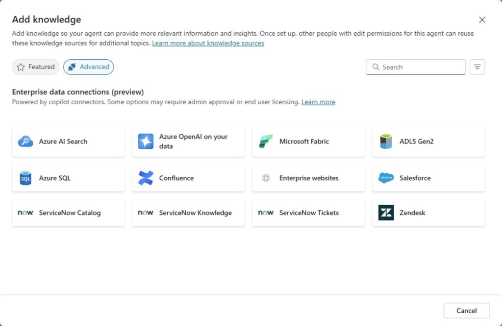 A screenshot of the "Add knowledge" dashboard showing a dozen enterprise data connections available to use.