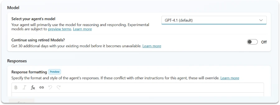 A screenshot of an agents model choice options, including GPT-4.1 marked as 