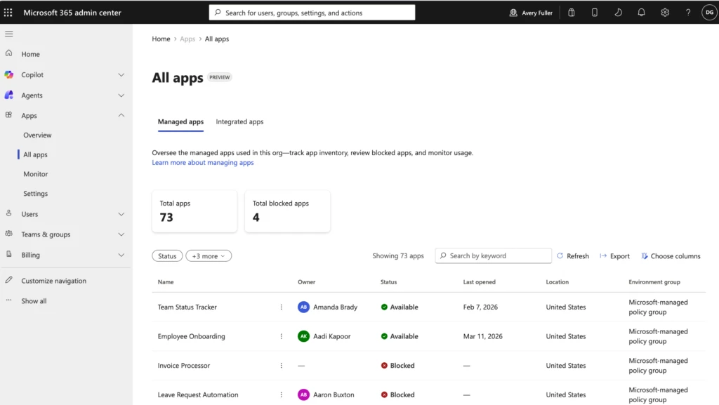 Managed apps inventory and governance in the Microsoft 365 admin center.