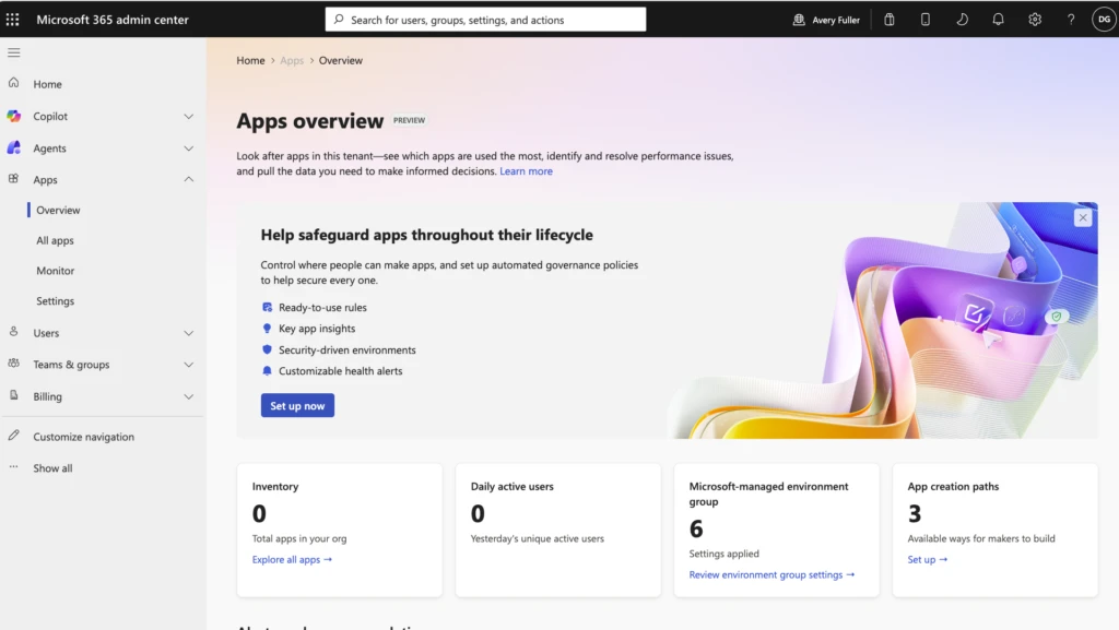 Apps overview dashboard in the Microsoft 365 admin center.