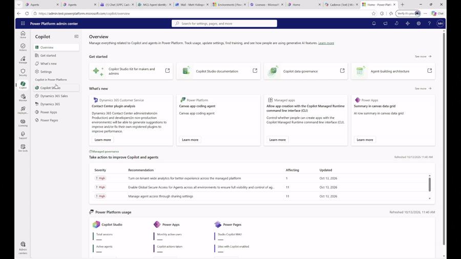 Animation showing an administrator viewing and managing an agent account in the Power Platform admin center.