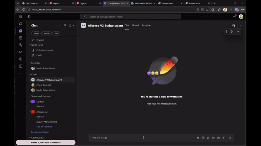 Animation showing an agent providing a task update in Microsoft Teams.