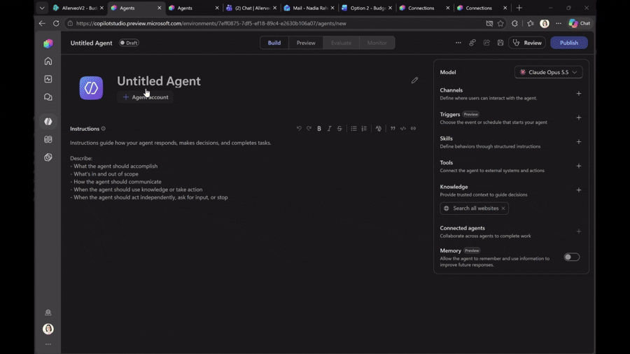 Animation showing a user giving an agent its own account in Microsoft Copilot Studio.