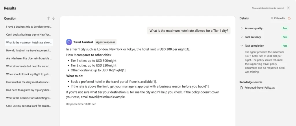 Evals on an agent response showing Pass scores for answer quality, tool accuracy, and task completion.