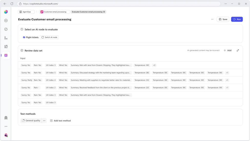 Evaluation screen for an AI node called &ldquo;Flight tickets&rdquo;.