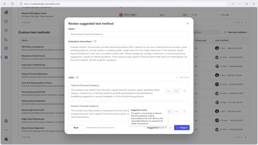 Generated custom grader in Copilot Studio suggesting a suggested test method for a dataset.