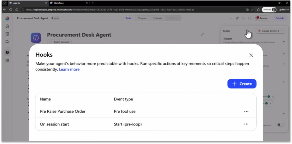 Screenshot of the hooks popup inside a Copilot Studio agent, showing existing hook names and event types as well as a &ldquo;create&rdquo; button