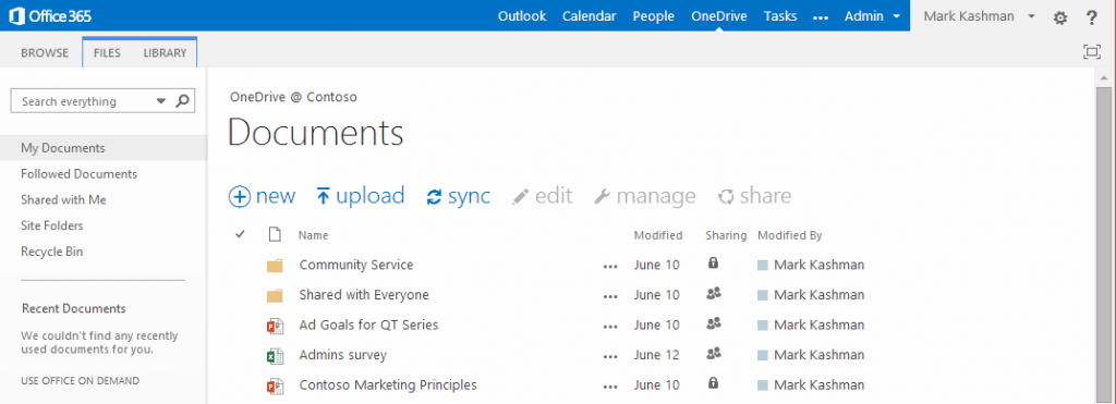 Once you choose to hide Yammer/Newsfeed and Sites in the admin center, they no longer appear in users’ global Office 365 top navigation, as you can see in this view of a user’s OneDrive for Business.
