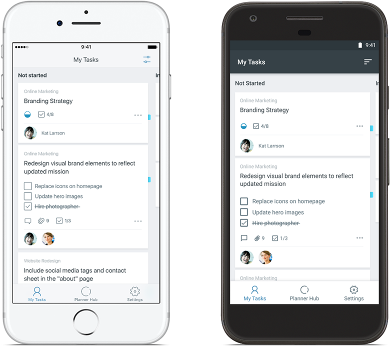 Side-by-side images of the Planner mobile app on the iPhone (left) and Android (right).
