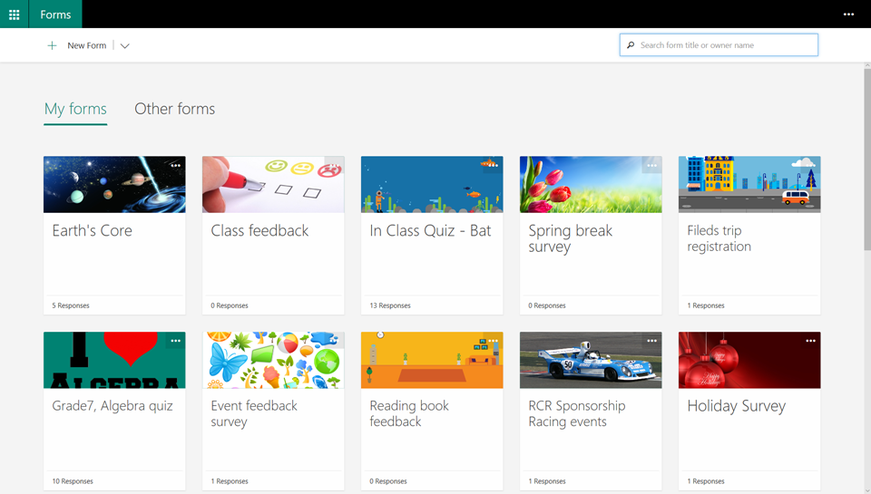 Image shows an updated Forms portal page, displaying snapshots of each form and the new search box.