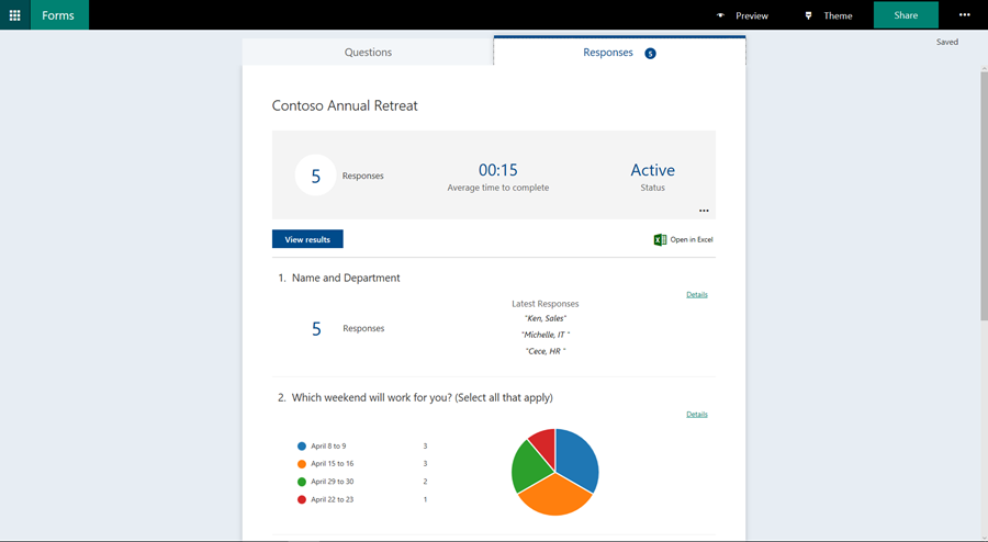 Image displays a Microsoft Forms Responses tab showing responses for a company's annual retreat.