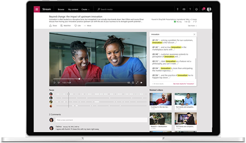 A laptop displays Microsoft Stream and its newest features