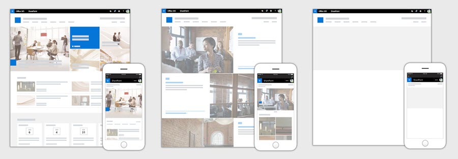 Images showing how each of the different three site design options look on a desktop and mobile device.