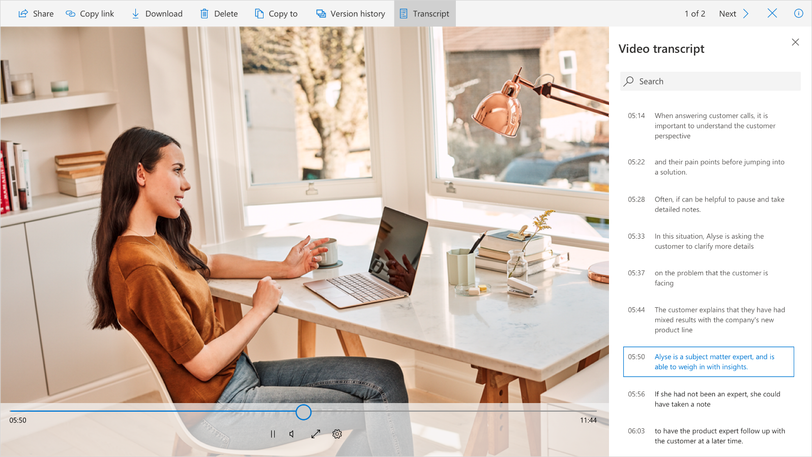 A screenshot shows a video and a video transcript on the right sidebar.