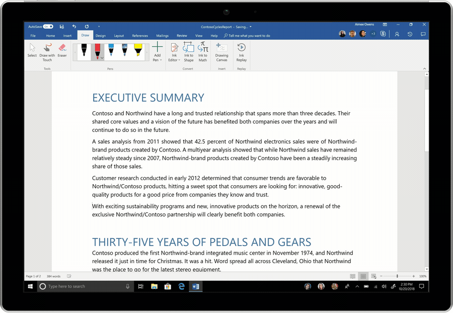 An animated screenshot shows text in a Word document edited with a digital pen. The Ink Editor deletes a paragraph, inserts an ommitted word, and bolds a numerical figure.