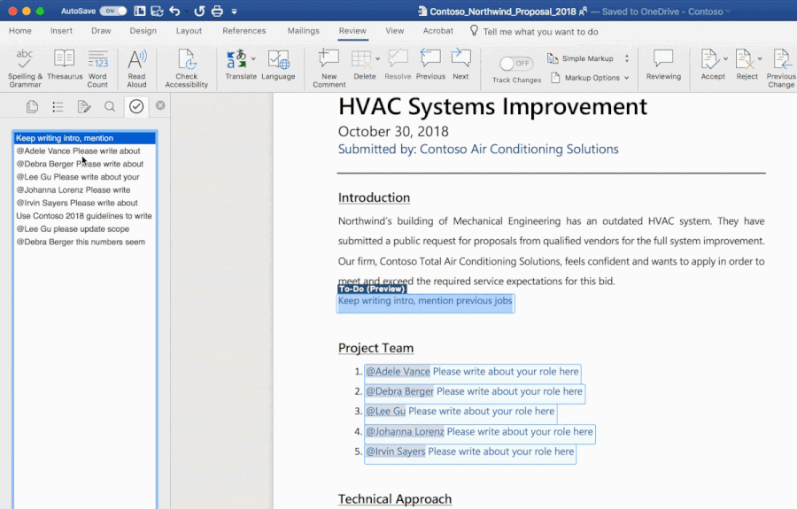 Animated screenshot of a Word document open using the AI-powered To-Do feature.