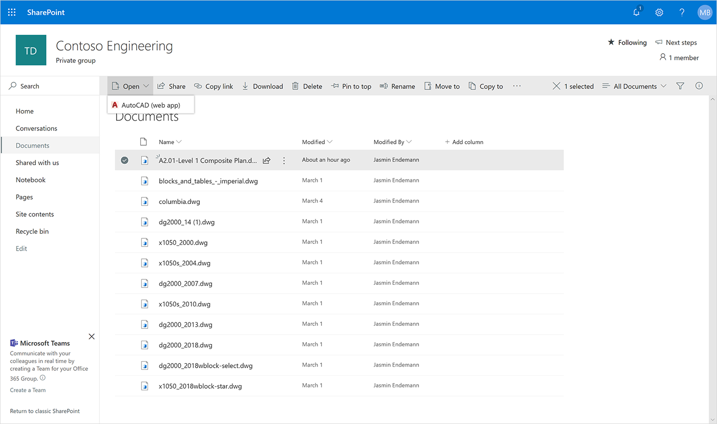 Screenshot of the AutoCAD web app opening in SharePoint.