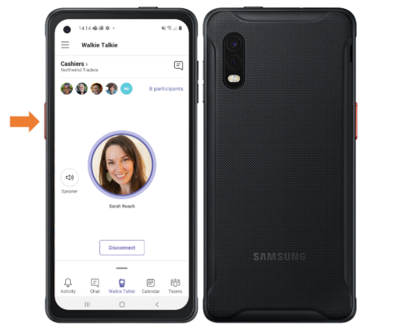 Image of a phone with an arrow pointing to the button on its side. The UI shows the Walkie Talkie feature.