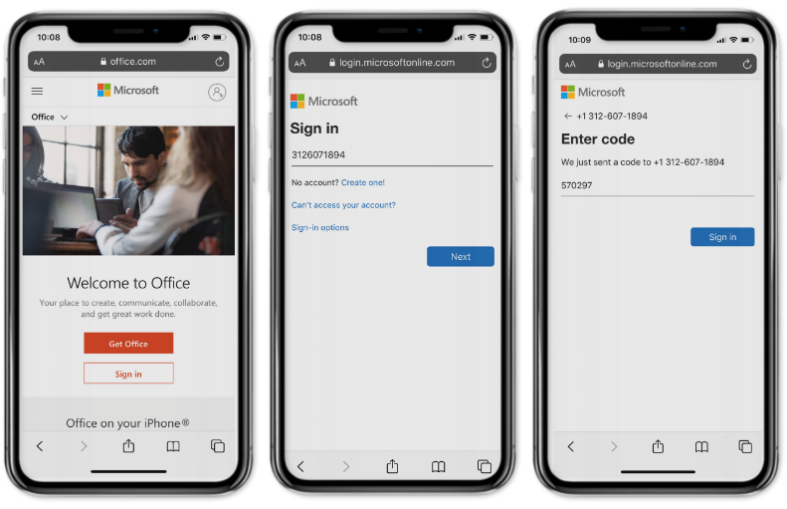 Image showing a one-time SMS code used to log in to Office on a phone.