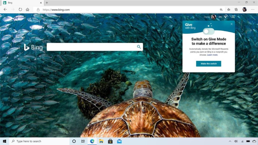 The Give Mode feature on a Bing homepage.