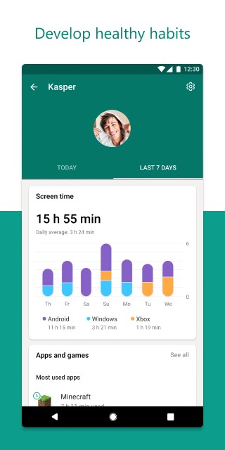 Activity reporting in the Microsoft Family Safety app.