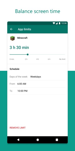 Screen time limits in the Microsoft Family Safety app.