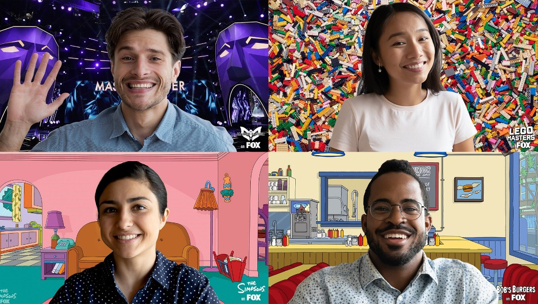 Four Microsoft Teams members in a meeting, each using custom backgrounds.