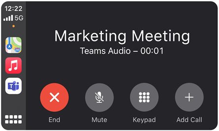 A Teams meeting featured on Apple Car Play, the meeting is named "Marketing Meeting"