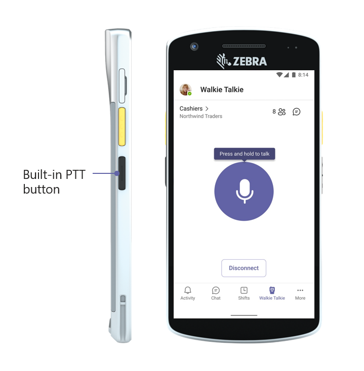 Zebra walkie talkie functionality, with the built-in P T T button for use with Microsoft Teams