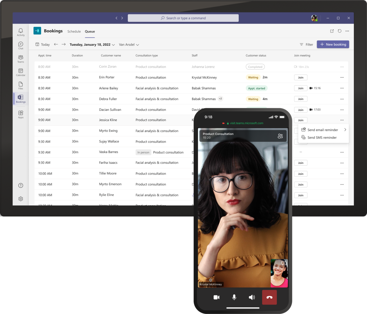 One tablet showing virtual visits scheduled queuing which allows a worker to see all virtual appointments and rich details like wait times and access to send S M S reminders in one location. Also one mobile device showing a Teams meeting being used for a virtual consultation with a retail store.
