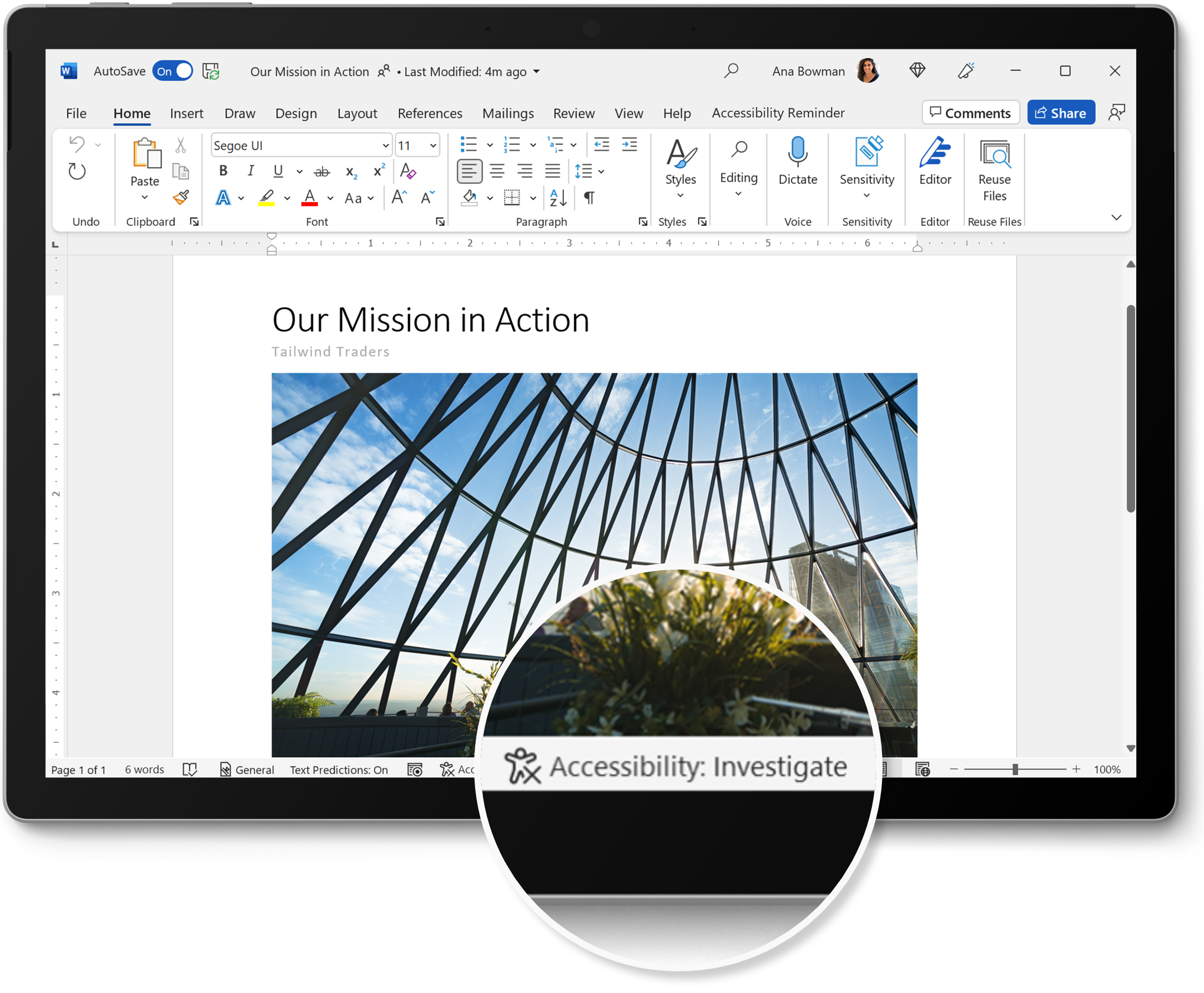 Microsoft Word editing window showing a document with low text contrast in one section. A zoomed-in piece of the screen shows the “Accessibility: Investigate” indicator.