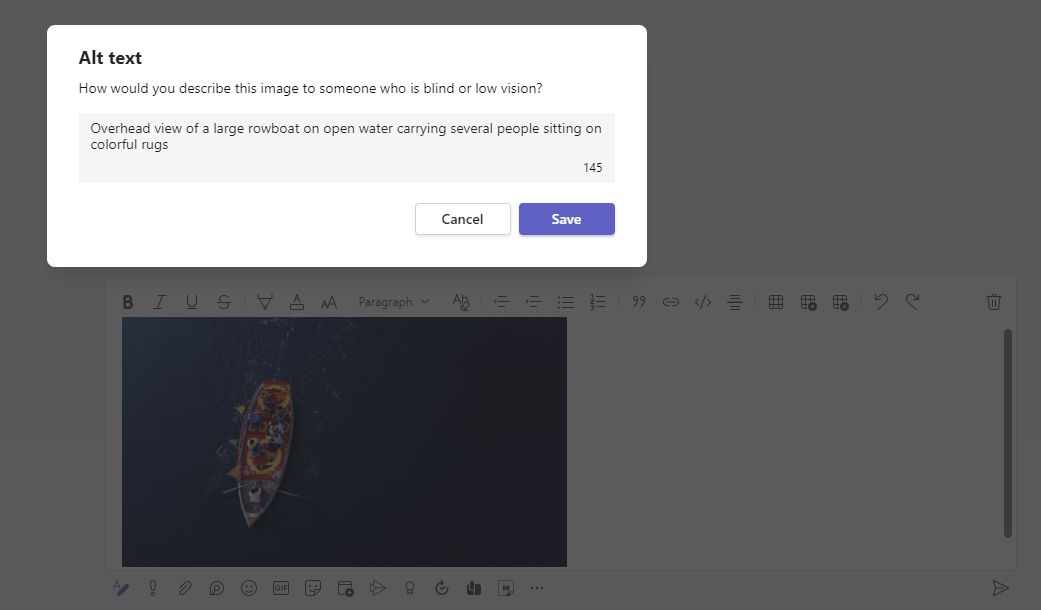 Teams chat window showing the dialog box for adding alt text to an image. The prompt says “How would you describe this image to someone who is blind or low vision?”