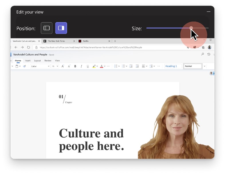 Presenter sharing screen with video overlay on right side of screen. Buttons for changing left or right position on top left as well as video resizing slider bar on top right.