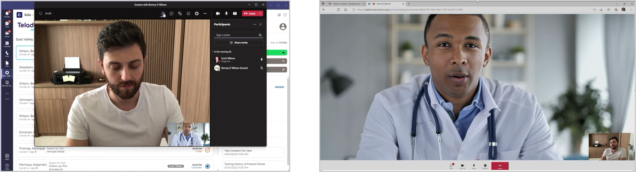Side-by-side display of Teladoc Health custom app for virtual healthcare. Clinical team view to the left showing patient and patient view to the right showing physician.