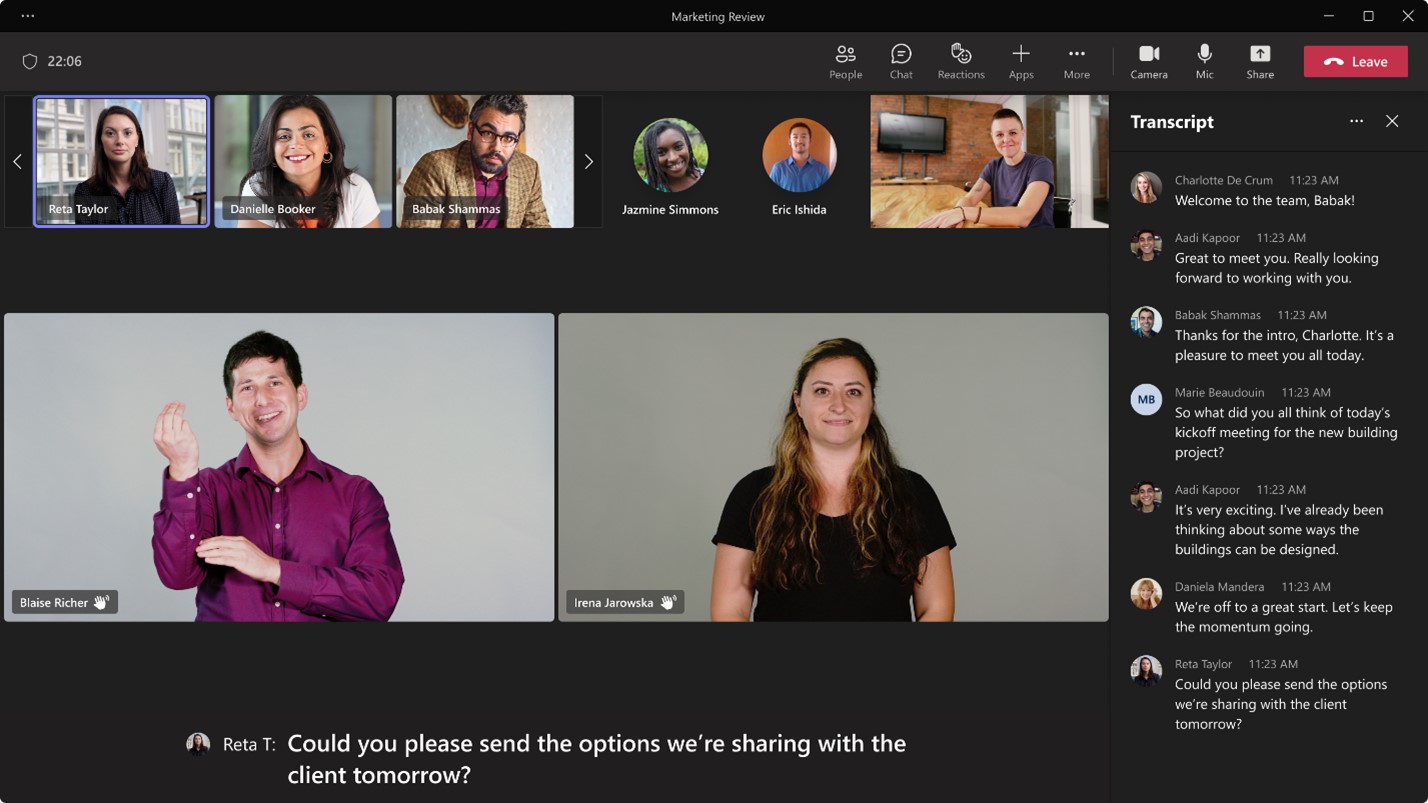 Sign language view provides a more predictable way to keep up to two signers visible at all times during a Microsoft Teams meeting.