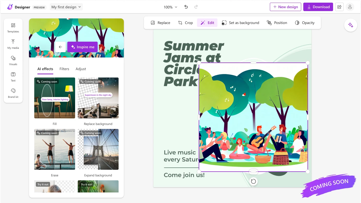 Microsoft Designer is used to create a design with a green background, text about live music, and an illustrated image of musicians in a park. To the left of the design is a panel labeled &ldquo;All effects&rdquo; with ways (coming soon) to customize the image: fill, replace background, erase, or expand background.