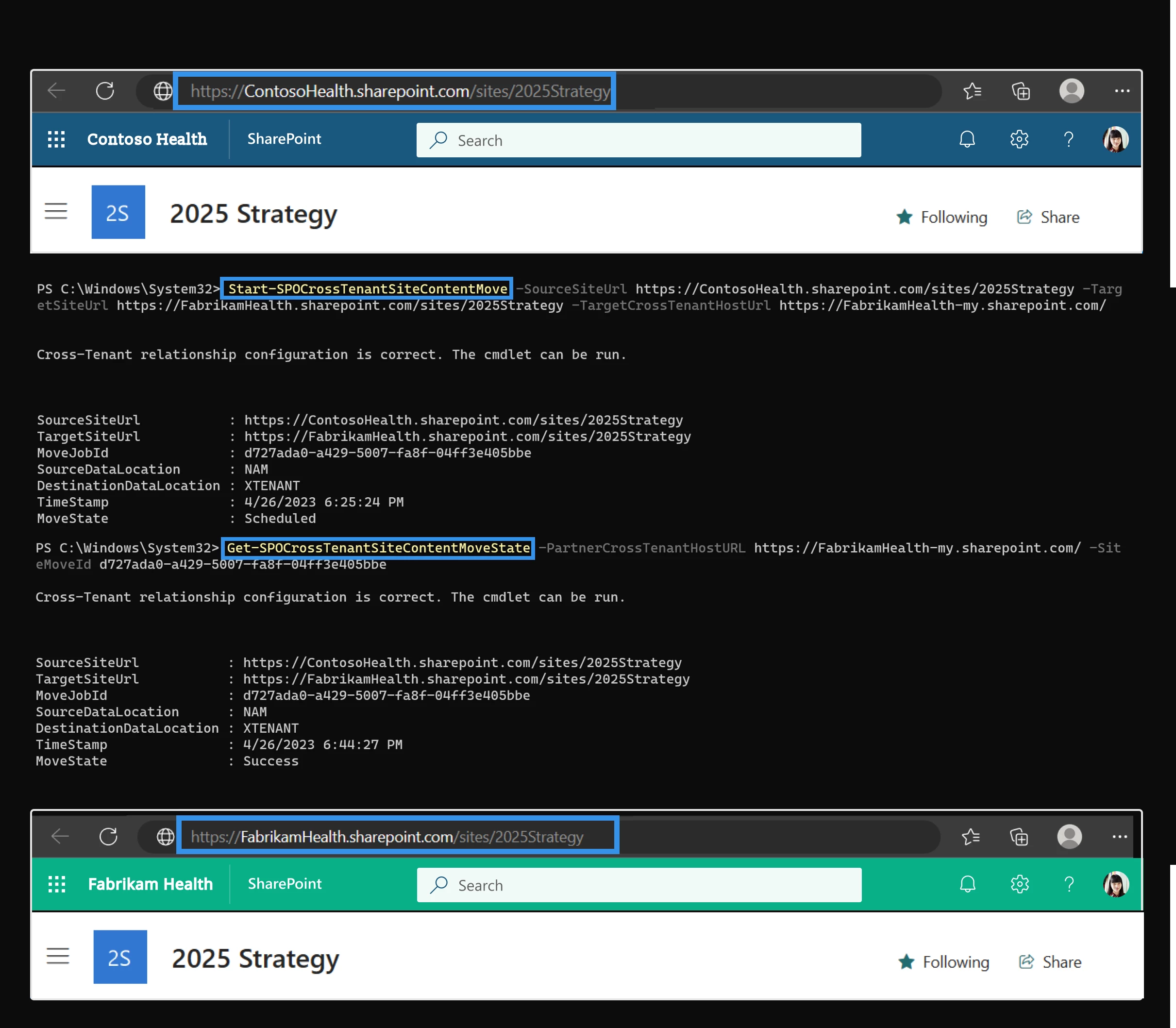 Screenshot depicting migrating a SharePoint site across tenants &ndash; in this instance from ContosoHealth (top browser address bar) to FabrikamHealth (bottom browser address bar). 