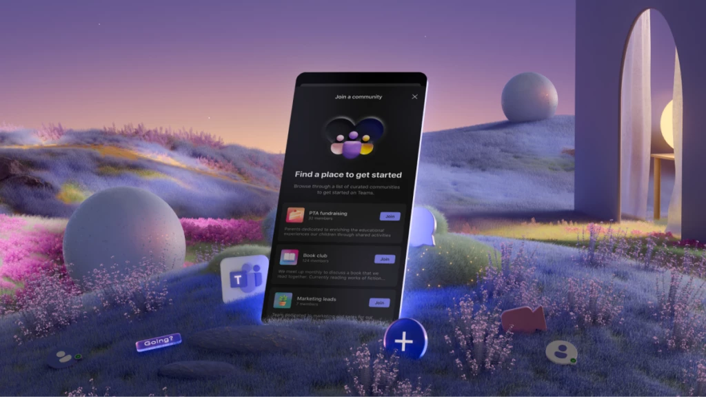 A mobile phone displaying a list of curated communities that a person can join is lying on top of a picnic blanket outdoors in a park.