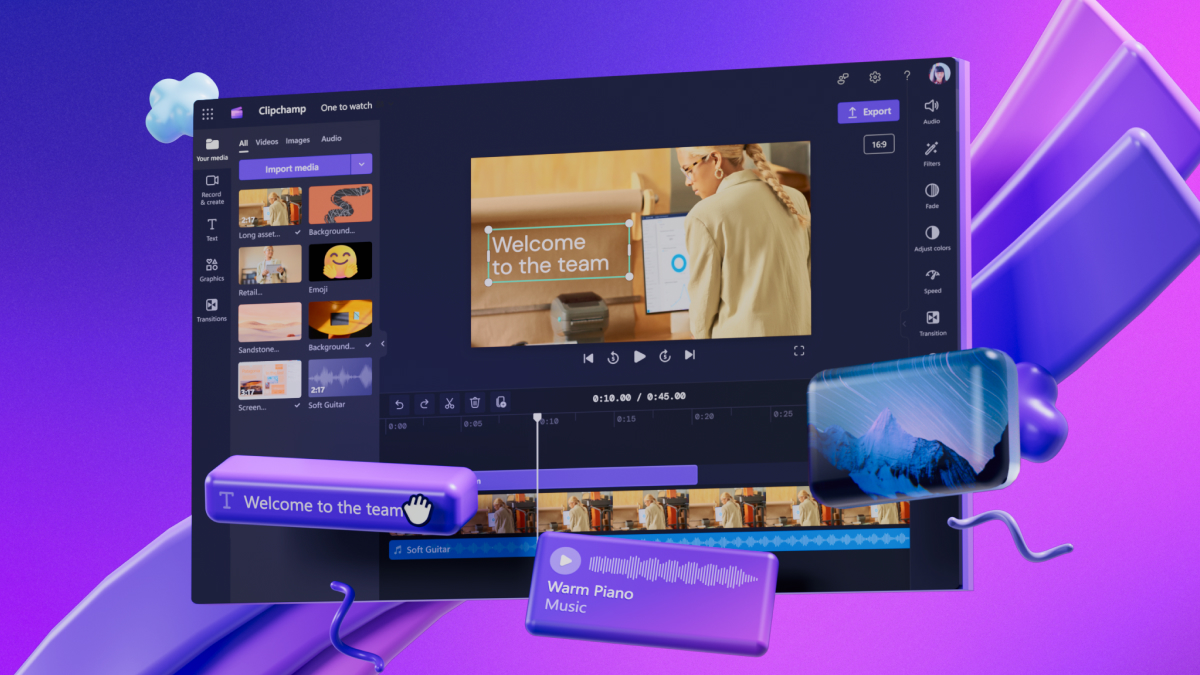An image of the Microsoft Clipchamp video editor interface, with floating media files such as text, music, and video