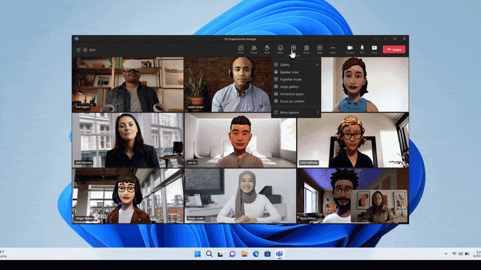 Transforming a Microsoft Teams meeting with avatars and real people to an immersive experience in the Lakehouse environment, by selecting "immersive spaces" from the View button in the Teams