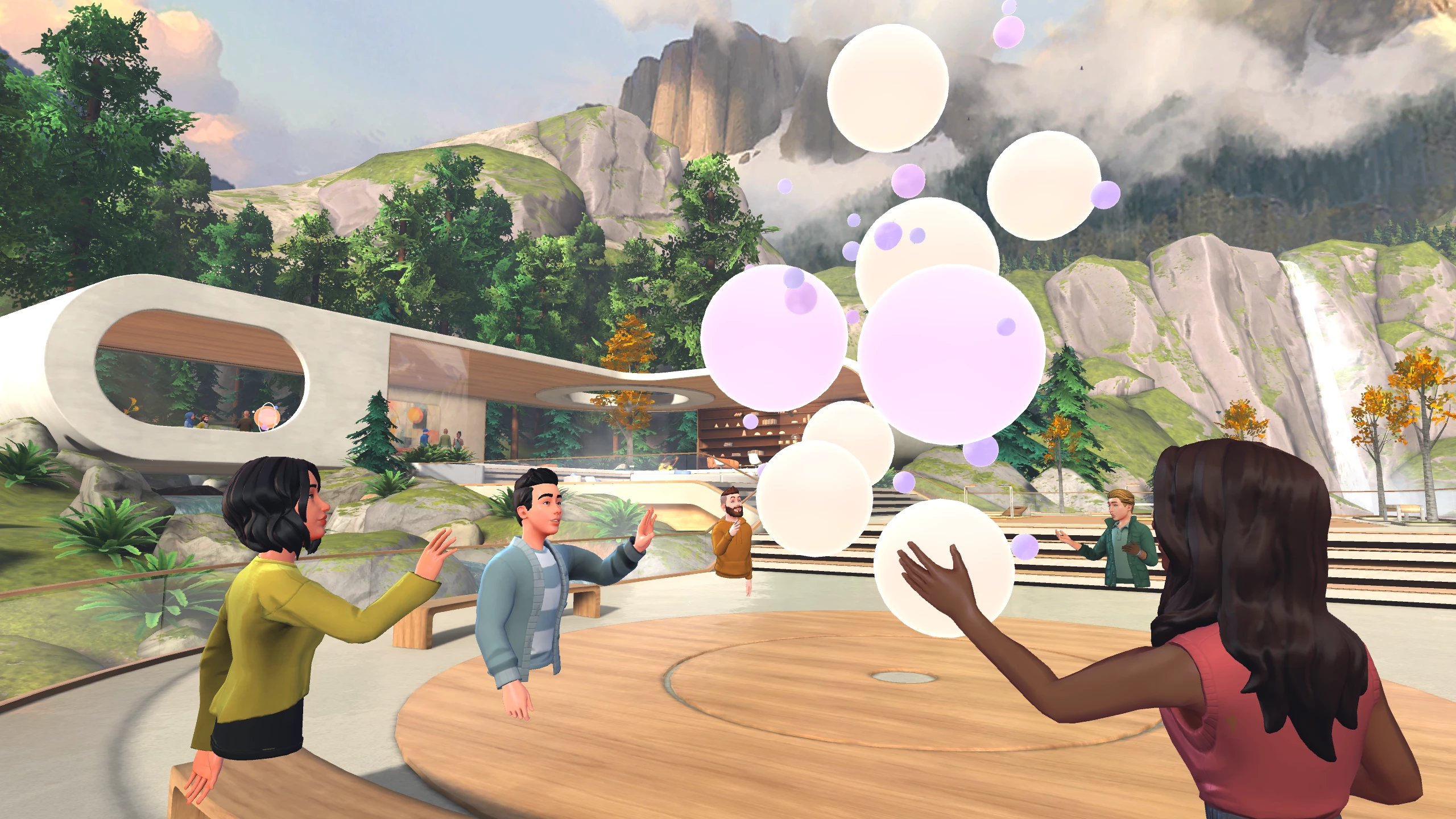 Five avatars interacting with floating bubbles in the Lakehouse immersive environment